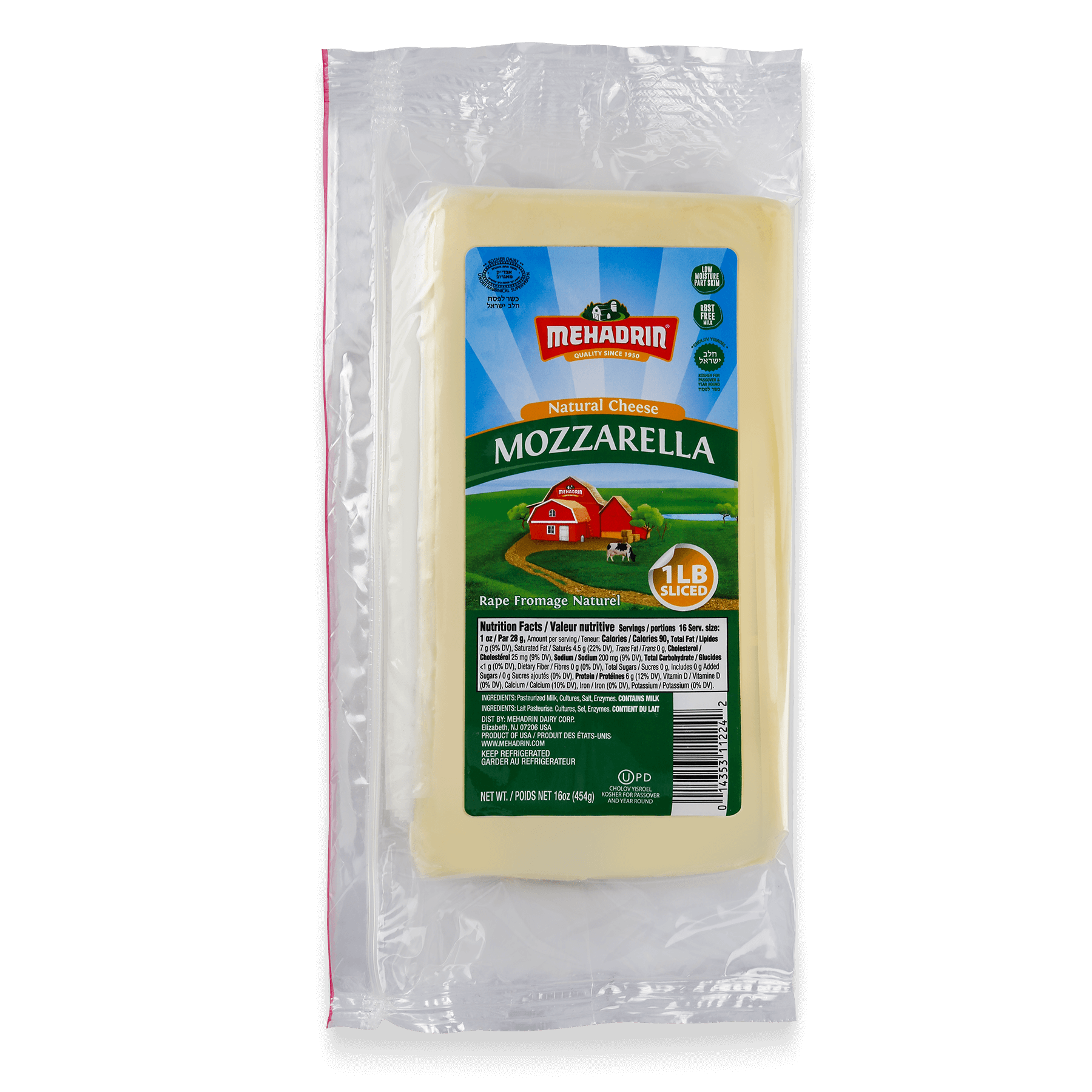 Sliced Mozzarella Cheese, 1 Lb. - Mehadrin Dairy